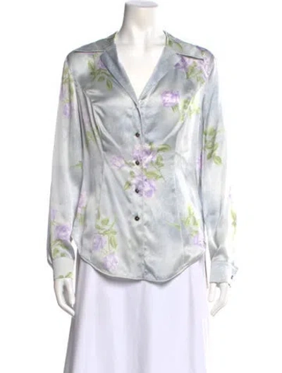 Pre-owned Escada Silk Floral Print Blouse In Blue