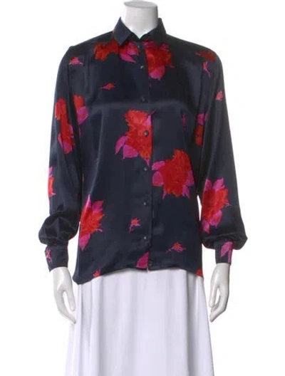 Pre-owned Escada Silk Floral Print Blouse In Blue