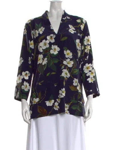 Pre-owned Escada Silk Floral Print Blouse In Blue