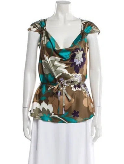 Pre-owned Escada Silk Floral Print Blouse In Brown