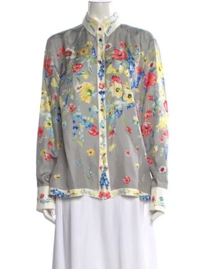 Pre-owned Escada Silk Floral Print Blouse In Gray