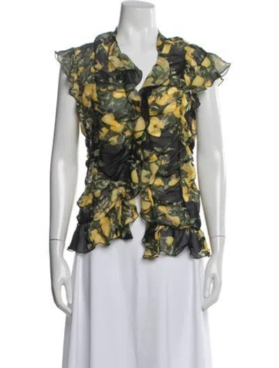 Pre-owned Escada Silk Floral Print Blouse In Green