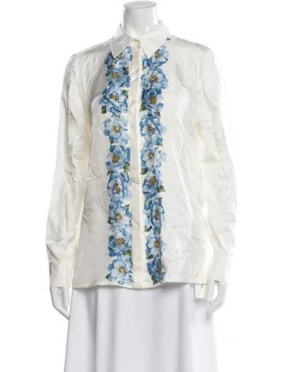 Pre-owned Escada Silk Floral Print Blouse W/ Tags In Blue
