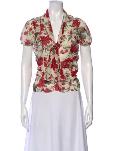 Pre-owned Escada Silk Floral Print Blouse In White