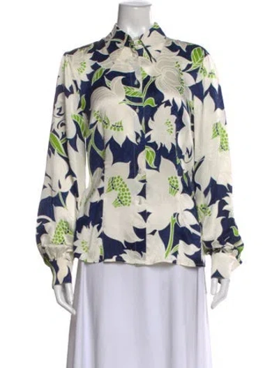 Pre-owned Escada Silk Floral Print Blouse In White