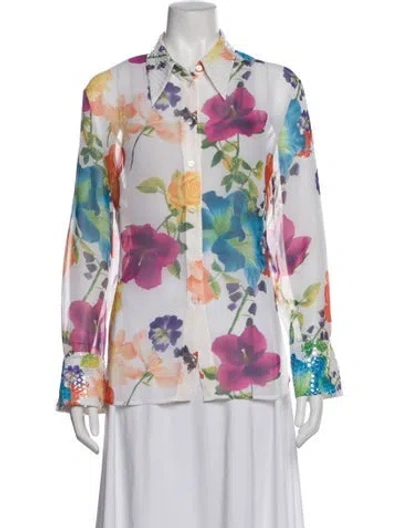 Pre-owned Escada Silk Floral Print Blouse In White