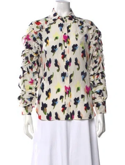 Pre-owned Escada Silk Floral Print Blouse In White