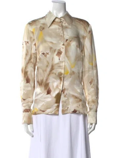Pre-owned Escada Silk Floral Print Blouse In White