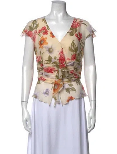 Pre-owned Escada Silk Floral Print Blouse In White
