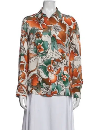 Pre-owned Escada Silk Floral Print Blouse In White