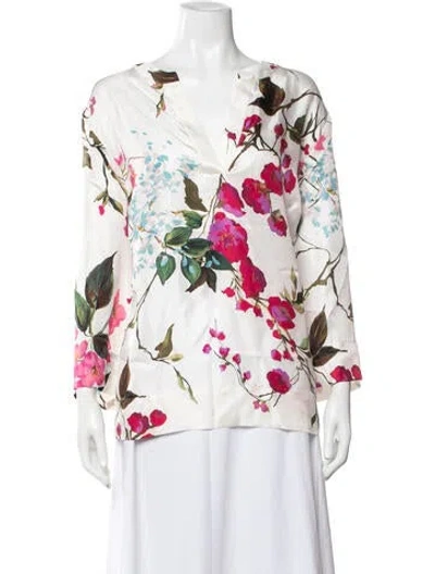 Pre-owned Escada Silk Floral Print Blouse In White
