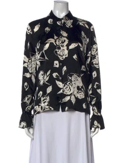 Pre-owned Escada Silk Floral Print Button-up Top In Black
