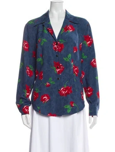 Pre-owned Escada Silk Floral Print Button-up Top In Blue
