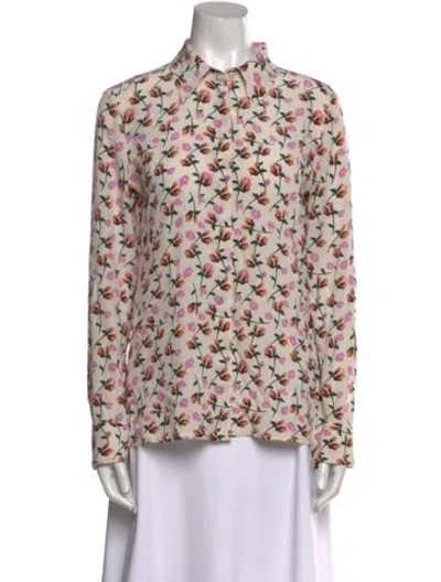 Pre-owned Escada Silk Floral Print Button-up Top In White