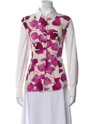 Pre-owned Escada Silk Floral Print Button-up Top In White