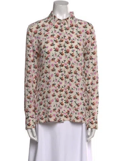 Pre-owned Escada Silk Floral Print Button-up Top In White