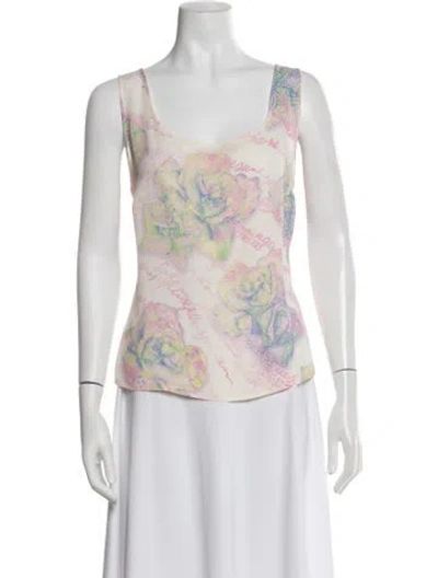 Pre-owned Escada Silk Floral Print Top In White