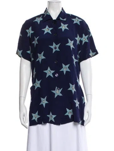 Pre-owned Escada Silk Graphic Print Button-up Top In Blue
