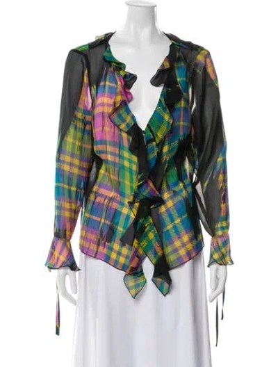 Pre-owned Escada Silk Plaid Print Blouse In Blue