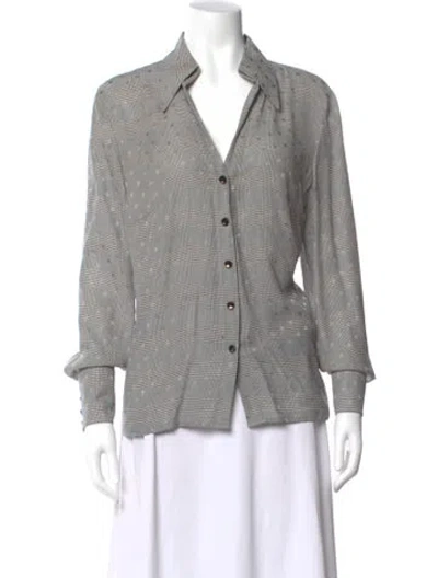 Pre-owned Escada Silk Plaid Print Blouse In Gray