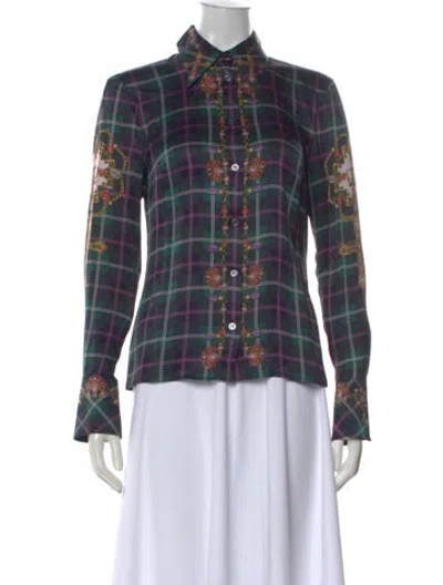Pre-owned Escada Silk Plaid Print Button-up Top In Blue