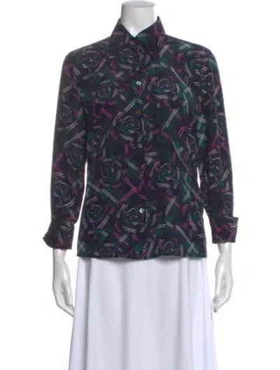 Pre-owned Escada Silk Plaid Print Button-up Top In Blue