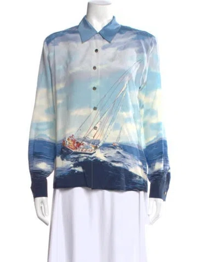 Pre-owned Escada Silk Printed Button-up Top In Blue