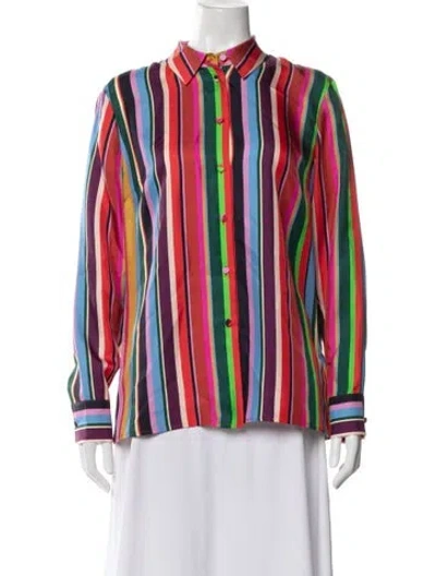 Pre-owned Escada Silk Striped Button-up Top W/ Tags In Blue