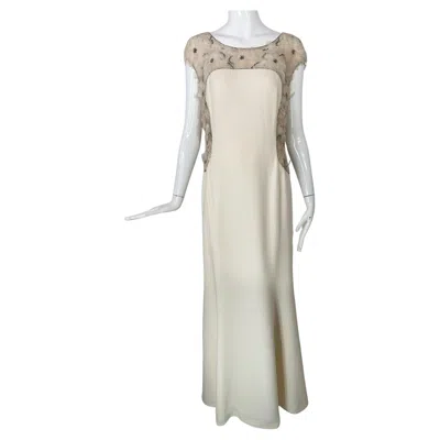 Pre-owned Escada Silver Sequin Feather Rosette On Cord Lattice Work & Cream Silk Gown 40 In White