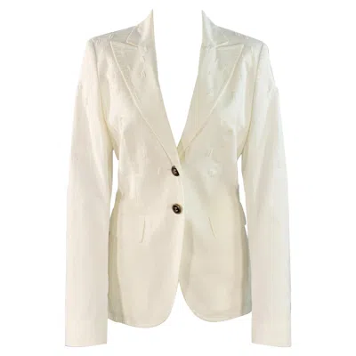 Pre-owned Escada Size S White Cotton Blend Textured Peak Lapel Jacket Blazer