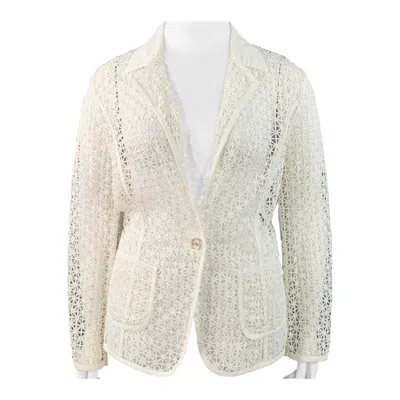 Pre-owned Escada Size Xl White Cotton Blend Geometric Mesh Jacket Blazer