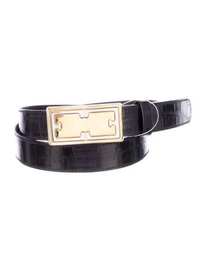 Pre-owned Escada Skinny Embossed Leather Waist Belt In Black