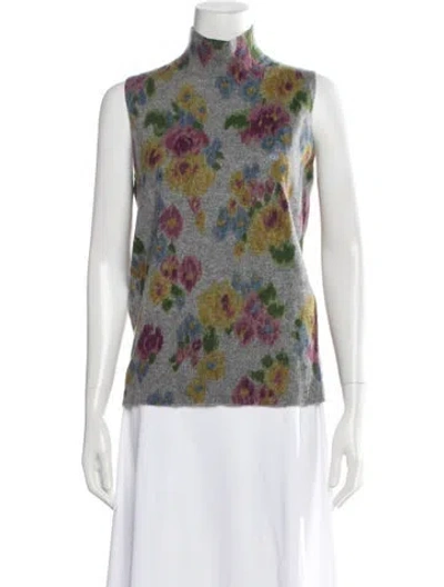Pre-owned Escada Sport Cashmere Floral Print Sweater In Grey