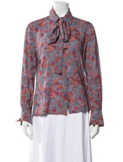 Pre-owned Escada Sport Floral Print Tie Neck Blouse In Orange