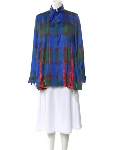 Pre-owned Escada Sport Plaid Print Tie Neck Blouse In Blue