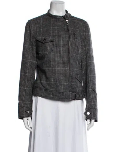 Pre-owned Escada Sport Wool Plaid Print Biker Jacket In Grey