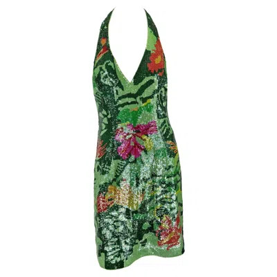 Pre-owned Escada S/s 2001  Floral Green Sequin Backless Halter Dress 38