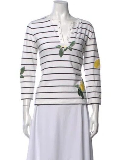 Pre-owned Escada Striped V-neck T-shirt In White