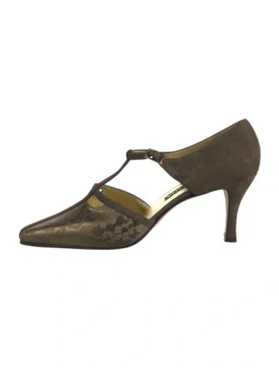 Pre-owned Escada Suede Animal Print T-strap Pumps In Green