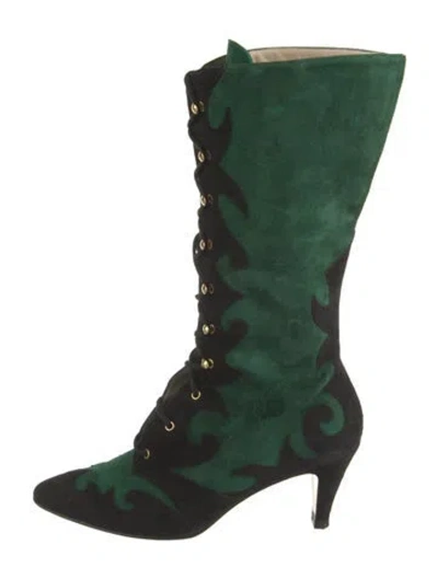 Pre-owned Escada Suede Colorblock Pattern Lace-up Boots In Green