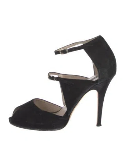 Pre-owned Escada Suede Leather Trim Embellishment Sandals In Black