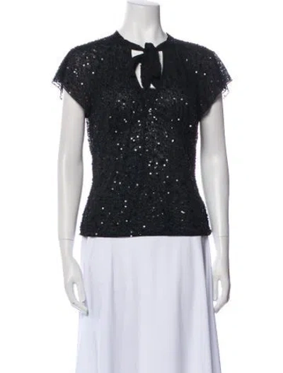 Pre-owned Escada Tie Neck Short Sleeve Top In Black