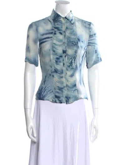 Pre-owned Escada Tie-dye Print Short Sleeve Button-up Top In Blue