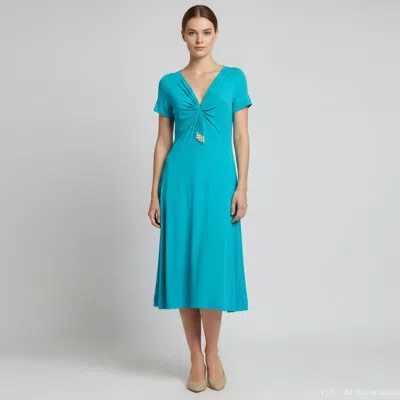 Pre-owned Escada Turquoise Knit Ruched Beaded Tassel Midi Dress M In Blue