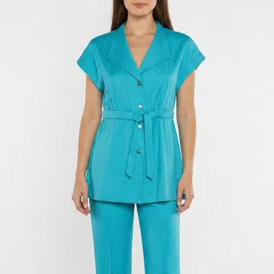 Pre-owned Escada Turquoise Textured Cotton Button Up Belted Top S In Blue