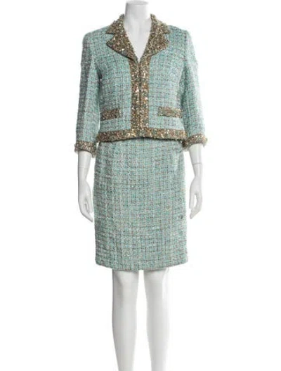 Pre-owned Escada Tweed Pattern Crystal Embellishments Skirt Set In Blue