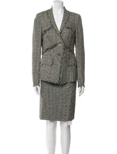 Pre-owned Escada Tweed Pattern Raw-edge Trim Skirt Suit In Green
