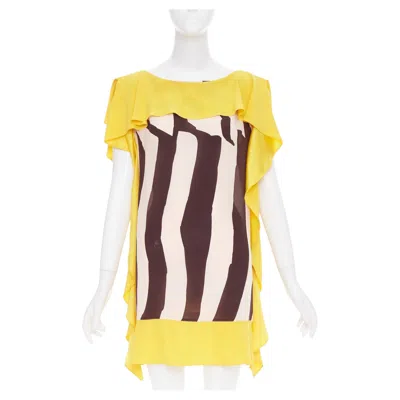 Pre-owned Escada Vintage Abstract Print Yellow Brown Cream Ruffle Silk Mini Dress Fr40 M