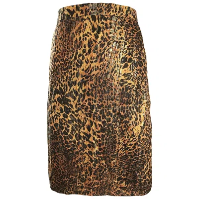 Pre-owned Escada Vintage  Margaretha Ley Silk Leopard Print + Gold High Waist Pencil Skirt In Brown