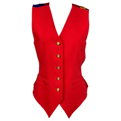Pre-owned Escada Vintage  Size 4 Red & Blue Gold Silk Equestrian Vest